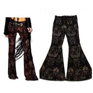 Free People Maura Velvet Flare Pant Boho Hippie Bell Bottom Black Tan Brown M